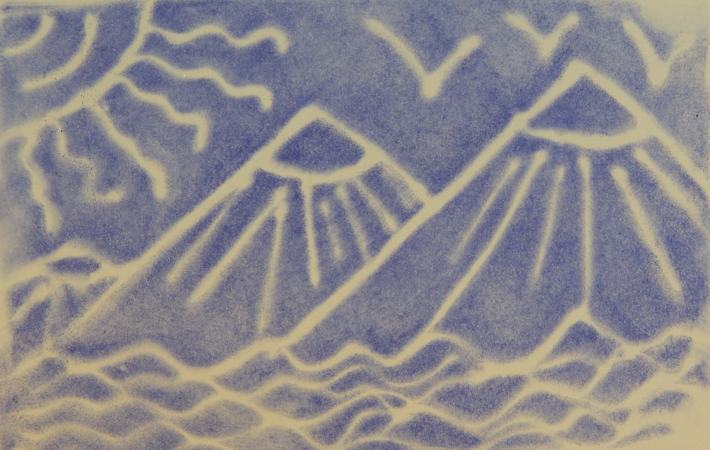 A simple print in blue and white of mountains, a lake, sunshine, and birds